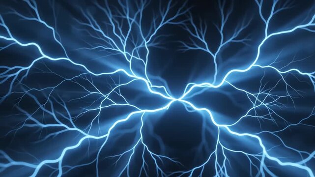 Bright blue plasma lightning bolts glowing with radiant energy suitable for technology, science, energy, electricity, power concepts, and backgrounds.