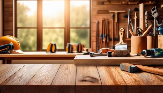 empty wooden table with blurred background featuring carpenter s tools on the wall carpenter tools wood table