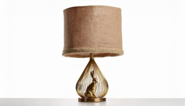 brass table lamp with sculptural rabbit base and beige burlap shade isolated on white background for interior decor use