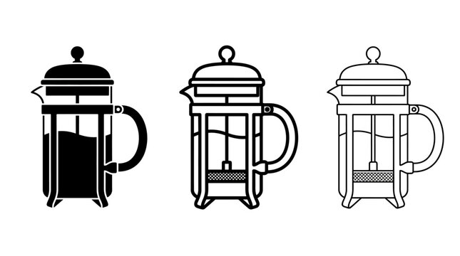 Set of three french press coffee makers in minimalist black and white designs
