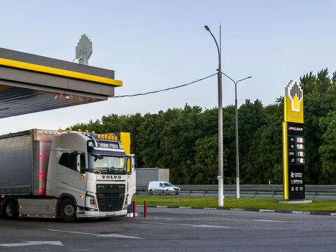 06.06.2026, Tula, Russia:  truck refueling at Rosneft gas station during fuel market volatility, highway logistics operations amid gasoline supply restrictions, transportation industry challenges
