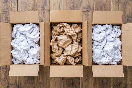 Cardboard boxes with crumpled paper inside for packaging goods from online stores, eco friendly packaging made of recyclable raw materials