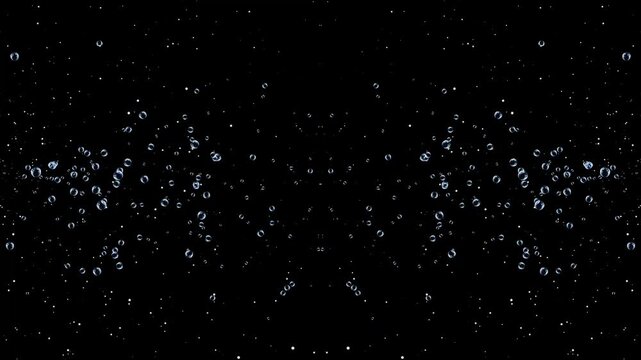 Abstract colorful soap bubble trail rising on black background, transparent liquid spheres with iridescent glare, floating air bubbles overlay, smooth random motion, loop animation