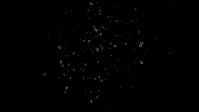 Abstract air bubbles rising animation, transparent soap bubble motion with glossy reflections and colorful iridescence, isolated black screen overlay, seamless background loop