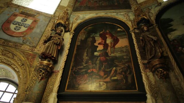 Tomar, Portugal - August 10, 2017: Charola decorated inside the church of Knights Templar, private oratory of the Knights, shaped like an octagonal. Painting background loop. Unesco heritage.