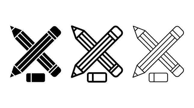 Crossed pencils and eraser in silhouette, linear, and outline styles