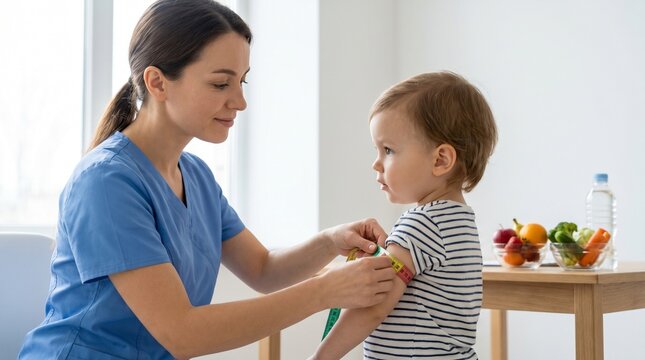Pediatric nutrition screening, Child malnutrition assessment, Caring clinic consultation, Upper arm measurement close up, Public health support concept