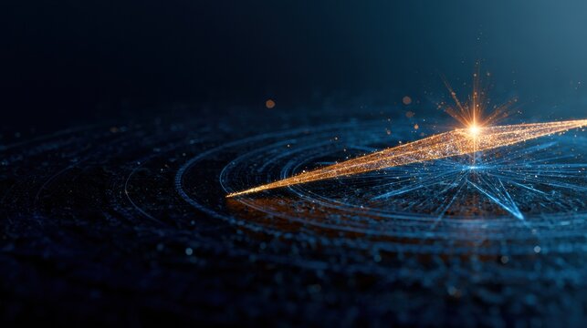 A compass needle made of gold points toward a guiding star in a dark setting, symbolizing AI focus on human welfare and responsibility.