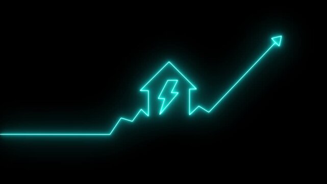 Green neon house and lightning bolt animation with upward trend graph. Rising energy cost. Power consumption. Home electricity. 4K utility increase loop