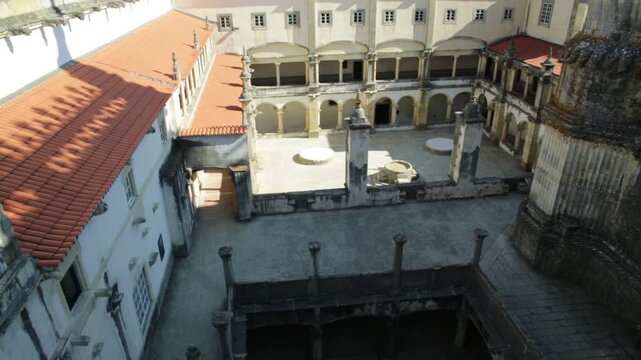 Tomar, Portugal - August 10, 2017:Aerial view of cloister of Santa Barbara. The Convent of Christ is a Templar Castle in Tomar, Portugal, Tomar. Aerial view of Monastery.