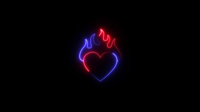 neon heart beat with love icon animation on a black background. Abstract glowing neon valentines love heart icon.red and dip Purple.
