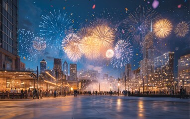 Fototapeta premium Vibrant Fireworks Display Illuminating Urban Night Skyline with Celebrating Crowd