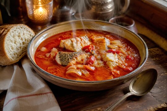 Dampfende Hal&aacute;szl&eacute; aus Ungarn &ndash; W&uuml;rzige Fischsuppe mit Paprika, Brot und Kerzenschein in gem&uuml;tlicher Weihnachtsatmosph&auml;re.