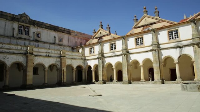 Tomar, Portugal - August 10, 2017:Panorama view of Micha Claustro from Portugal in Tomar. Claustro da Micha, in Convent of Christ in Templar Castle. Unesco Heritage and popular destination in Europe.