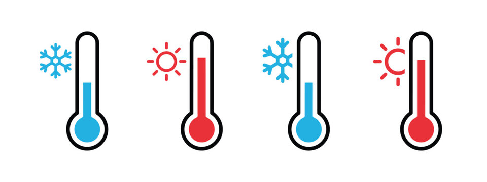 Four thermometers showing cold and hot temperatures with snowflake and sun