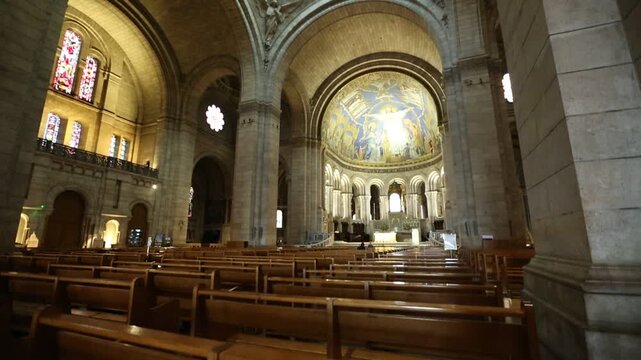 Paris, France - July 3, 2017: central nave of Sacre Coeur Montmartre Gothic cathedral of Paris. Interior of the Church.