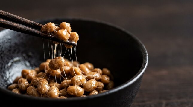 fermented foods exploration, close-up of natto with stringy texture, chopsticks ready, empty space