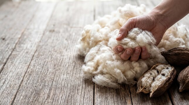 eco-friendly materials, a hand cradles a soft, fluffy kapok fiber pod, partially open and empty
