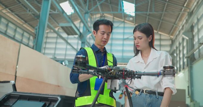 Startup Entrepreneur and Engineer Review Drone Prototype in Industrial Workshop