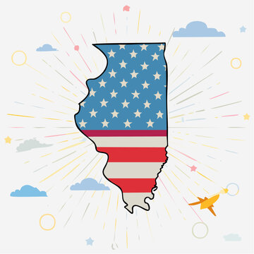 Illinois State Map with American Flag Design and Sunburst