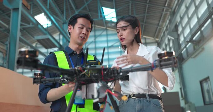 Startup Entrepreneur and Engineer Review Drone Prototype in Industrial Workshop