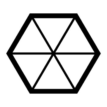 Hexagon shape divided into six equilateral triangles in a minimalist black and white vector line art style for graphic design and geometric patterns