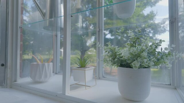 Dried and artificial natural elements in the window, with a garden in the background