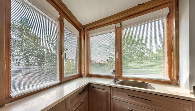 white pleated blinds on two windows in the kitchen cloudy daylight outside
