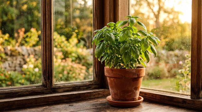 indoor gardening care, vibrant basil plant in a terracotta pot, basking in golden hour glow