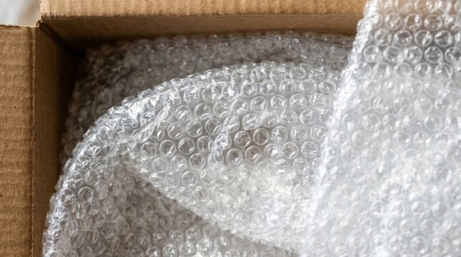 Cardboard box filled with bubble wrap packaging for protecting fragile items during shipment. Close-up of cushioning material