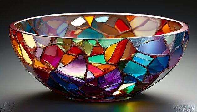a decorative bowl made of colored glass shards fused together to form a vibrant abstract pattern