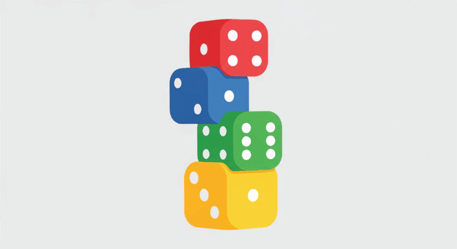 Colorful stacked dice illustration forming a playful tower.