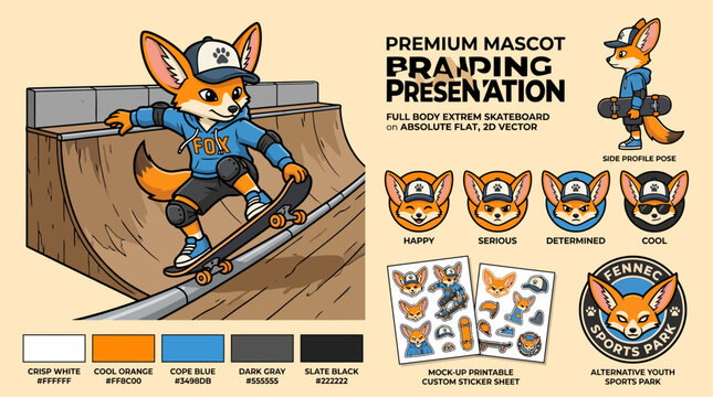 Illustration of a fox character skateboarding.