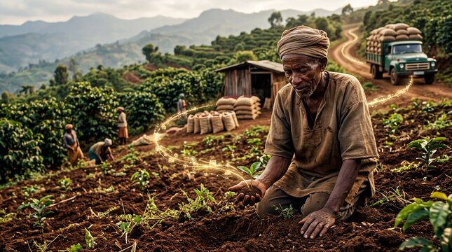 agricultural technology, a farmer stands in an empty ethiopian coffee field, highlighting blockchain traceability