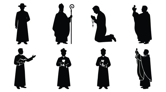 Clergyman holding open book in minimalist black silhouette vector illustration