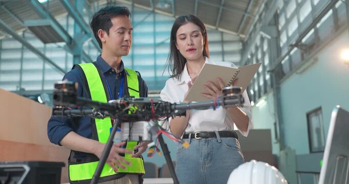 Startup Entrepreneur and Engineer Review Drone Prototype in Industrial Workshop