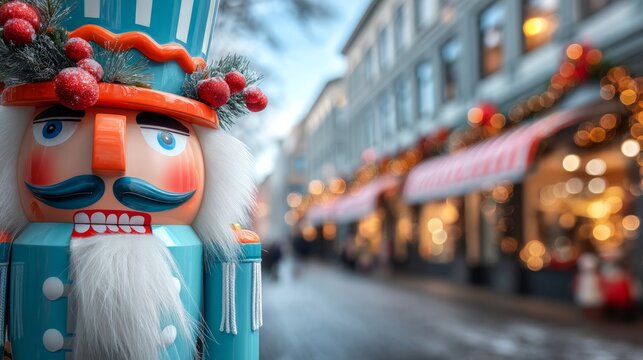 Closeup of blue wooden nutcracker soldier with white beard and red hat decoration