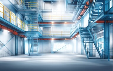 Obraz premium Modern Industrial Interior with Staggered Platforms and Bright Lighting