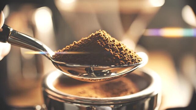 Close up of metal spoon with ground coffee powder over espresso portafilter with steam