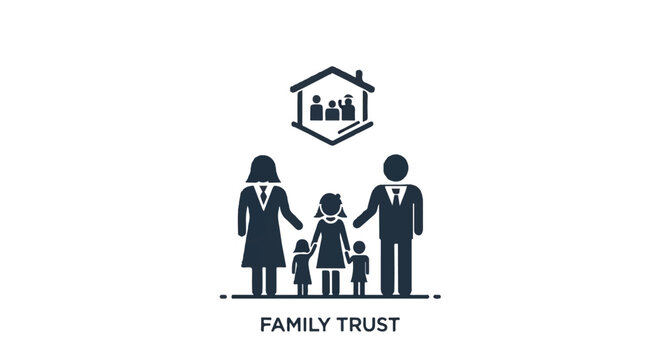 Family trust logo featuring parents and children under a house emblem with interconnected figures.