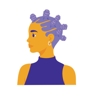 Modern flat vector portrait of a stylish woman in side profile with purple bantu knots hairstyle, wearing a sleeveless top and hoop earring, in bold vibrant colors.