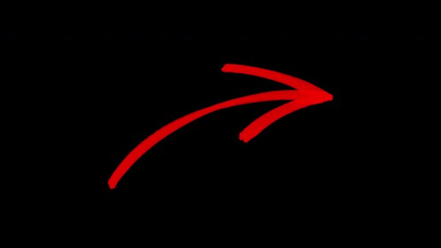 Hand-drawn red curved arrow animation on a transparent background, Animated doodle of red arc pointer arrow moving up right, motion graphic, video element.