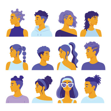 Collection of modern flat vector avatars featuring diverse men and women with unique hairstyles, side profile portraits, minimalist character designs isolated on a white background.