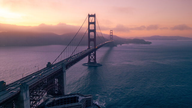 Golden Gate Bridge at Sunset on a summer evening taken by Drone