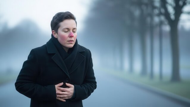 A person with a flushed face and hands on their stomach, standing outdoors in a foggy, cold environment, appearing to be in discomfort or pain.