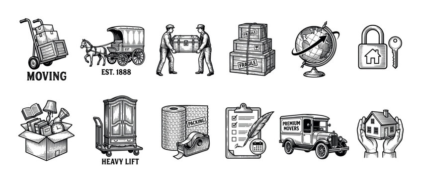 Set of vintage moving service icons in a black and white engraving style, featuring a delivery truck, packing boxes, furniture, and various logistics symbols for relocation