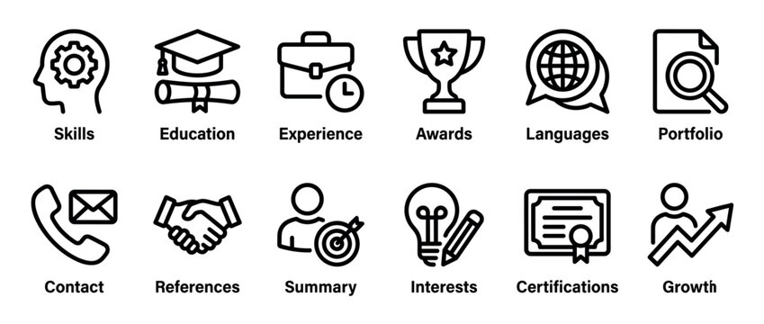 Black line icons for curriculum vitae sections representing skills, education, experience, awards, and growth in a minimalist vector style for job applications and career development