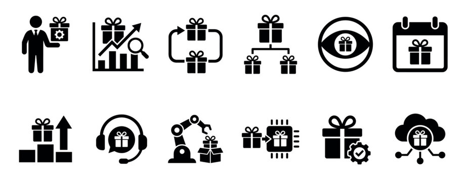 Black solid glyph icon set representing corporate gifting, customer loyalty programs, sales rewards, and business incentives with symbols for automation, analysis, and digital delivery