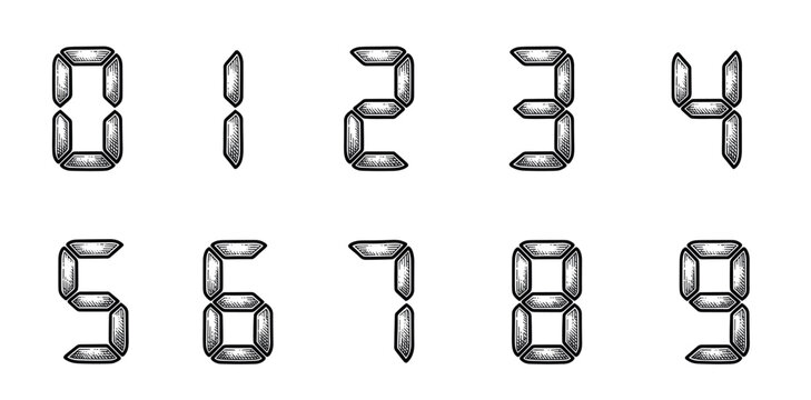 Set of digital numbers from zero to nine in a vintage hand-drawn engraving style with detailed hatching, showing a complete numeric font for a calculator or clock display