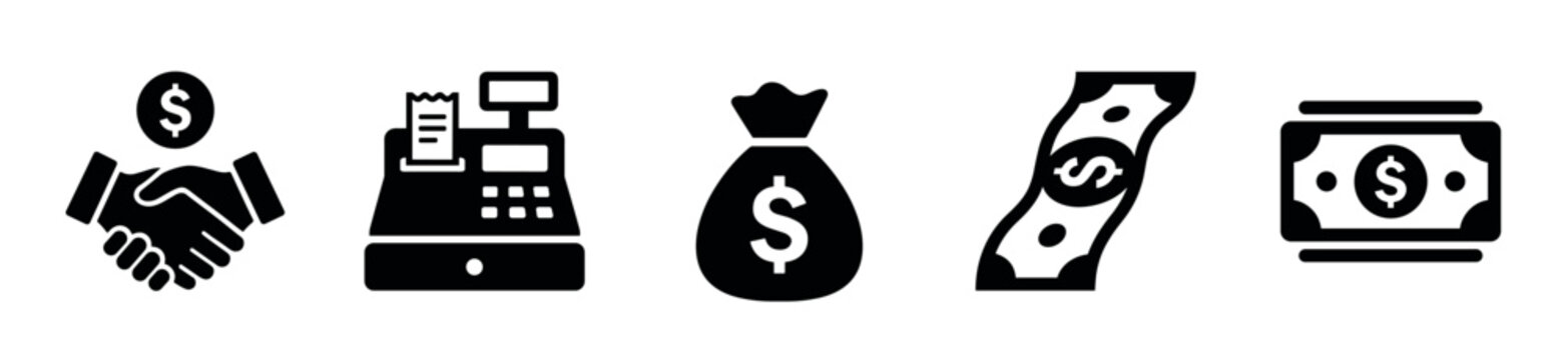 Black solid glyph icon set for finance, business, and commerce, featuring a handshake with a coin, cash register, money bag, and dollar banknotes in a simple graphic style